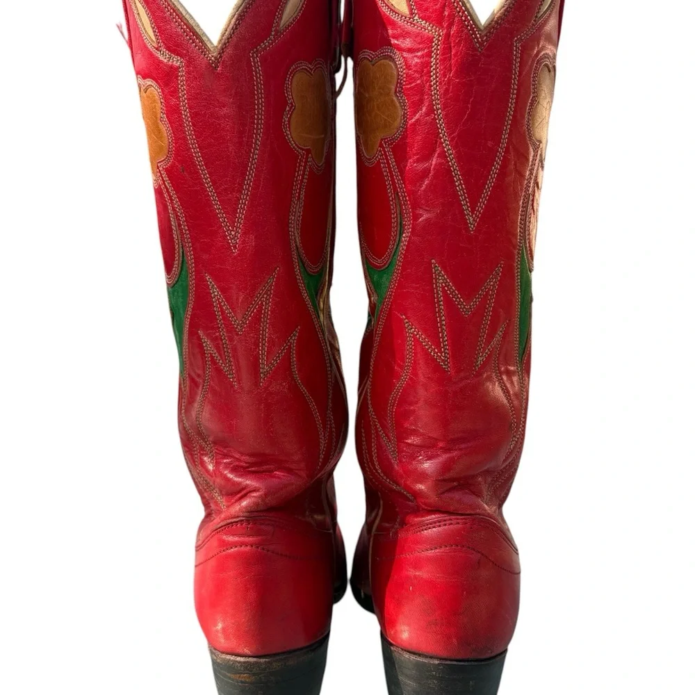 Ralph Lauren Polo Western Cowboy Boots Vintage 1980s Red Leather Flower Inlay - Picture 5 of 16